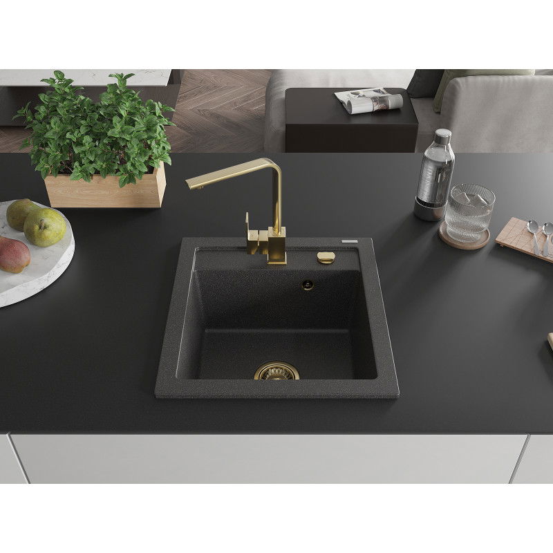 Mexen Vito 1-Bowl Granite Sink with Rita Kitchen Tap, Speckled Black - 6503-76-670300-50