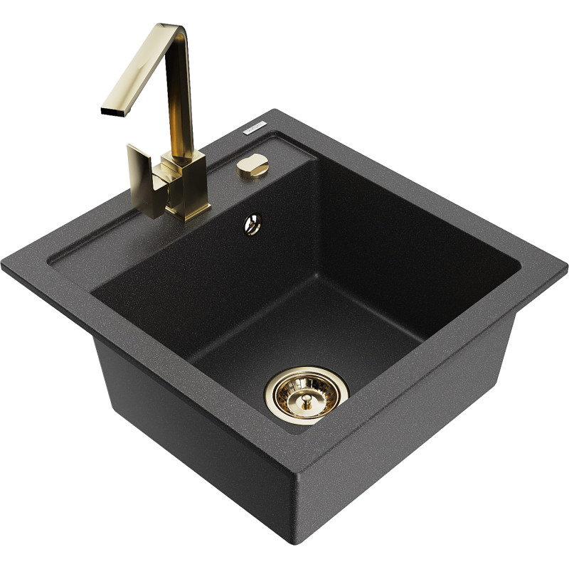 Mexen Vito 1-bowl granite sink with kitchen faucet Rita, black speckled - 6503-76-670300-50