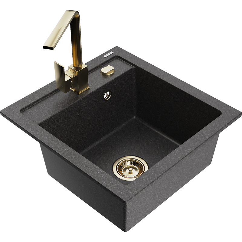 Mexen Vito 1-compartment granite sink with a kitchen mixer tap Rita, spotted black - 6503-76-670300-50