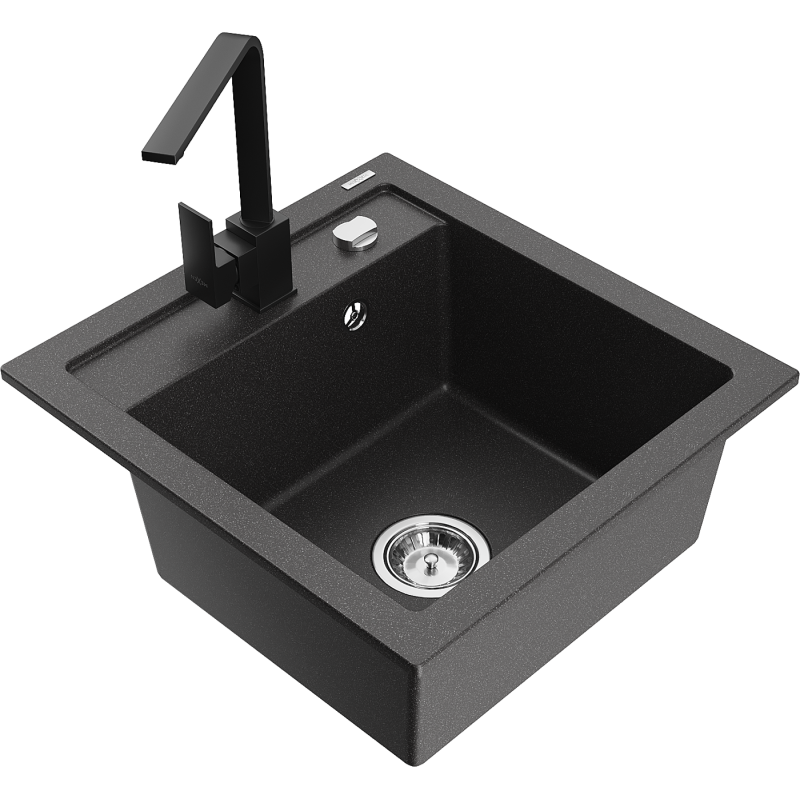 Mexen Vito 1-compartment granite sink with a kitchen mixer tap Rita, spotted black - 6503-76-670300-70