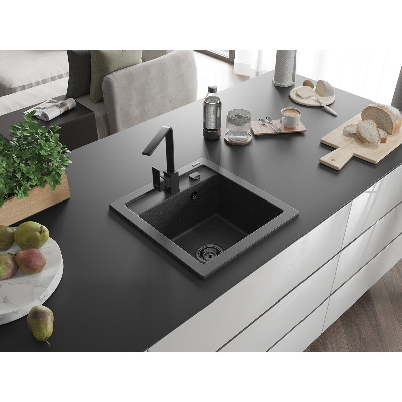 Mexen Vito granite kitchen sink with 1 bowl and Rita kitchen faucet, black speckled - 6503-76-670300-70-B