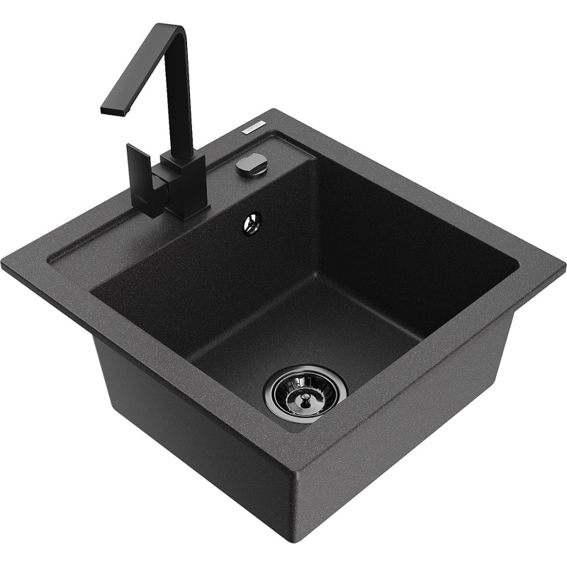 Mexen Vito granite kitchen sink with 1 bowl and Rita kitchen faucet, black speckled - 6503-76-670300-70-B