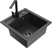 Mexen Vito granite kitchen sink with 1 bowl and Rita kitchen faucet, black speckled - 6503-76-670300-70-B