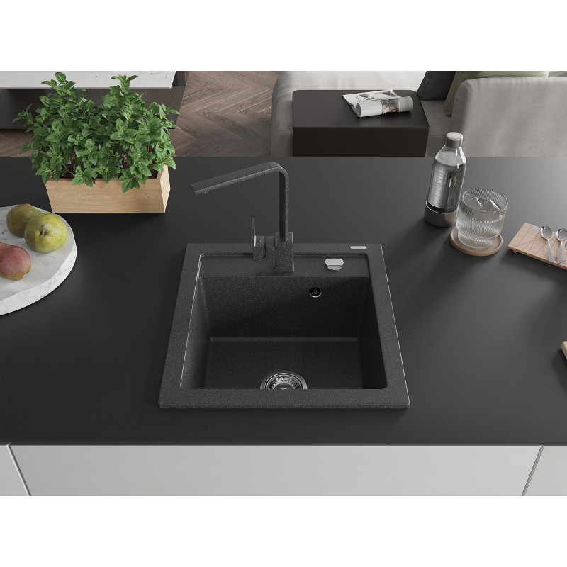 Mexen Vito granite kitchen sink 1-bowl with kitchen faucet Rita, black speckled - 6503-76-670300-76