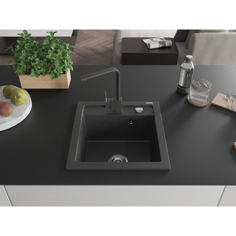 Mexen Vito granite sink with 1 bowl, with Rita kitchen tap, speckled black - 6503-76-670300-76