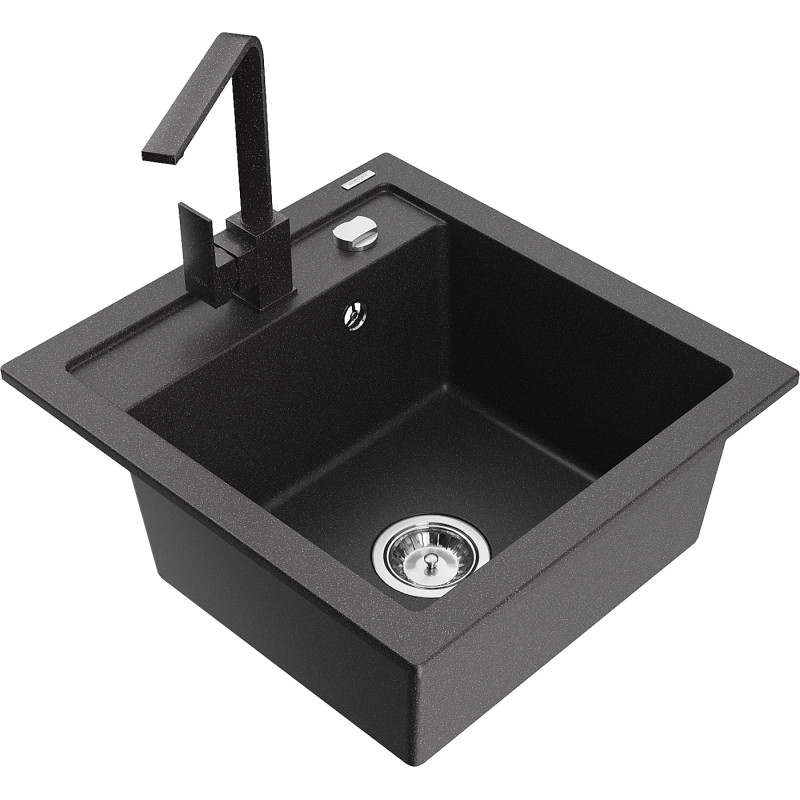 Mexen Vito granite kitchen sink 1-bowl with kitchen faucet Rita, black speckled - 6503-76-670300-76