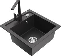 Mexen Vito granite kitchen sink with 1-bowl and Rita kitchen faucet, black speckled - 6503-76-670300-76