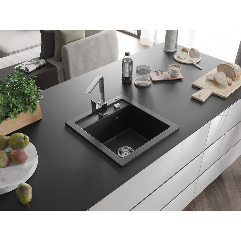 Mexen Vito 1-bowl granite sink with Rita kitchen faucet, black - 6503-77-670300-00