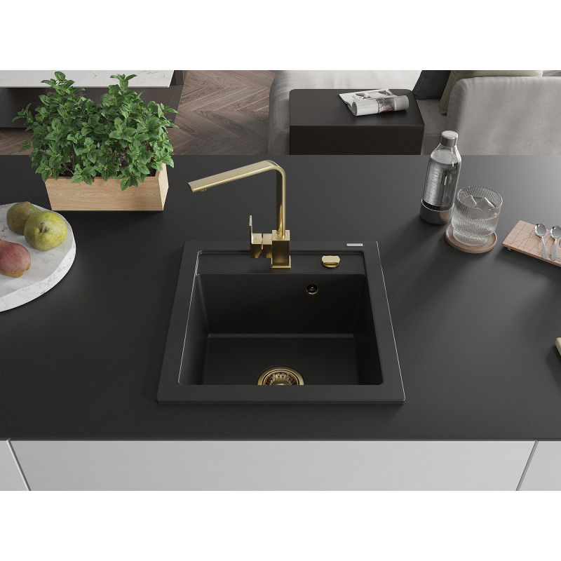 Mexen Vito granite kitchen sink 1-bowl with Rita kitchen tap, black - 6503-77-670300-50
