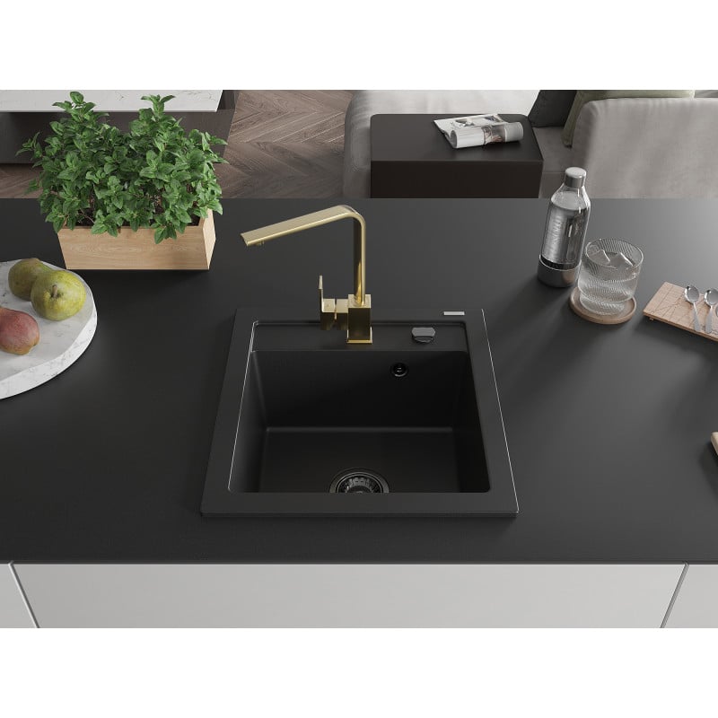 Mexen Vito 1-bowl granite sink with Rita kitchen tap, black - 6503-77-670300-50-B