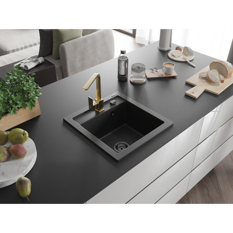 Mexen Vito granite kitchen sink 1-bowl with Rita kitchen faucet, black - 6503-77-670300-50-B