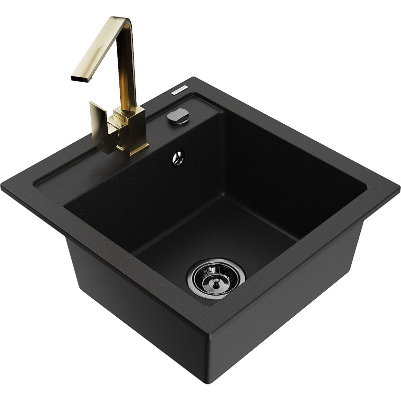 Mexen Vito granite kitchen sink 1-bowl with Rita kitchen faucet, black - 6503-77-670300-50-B