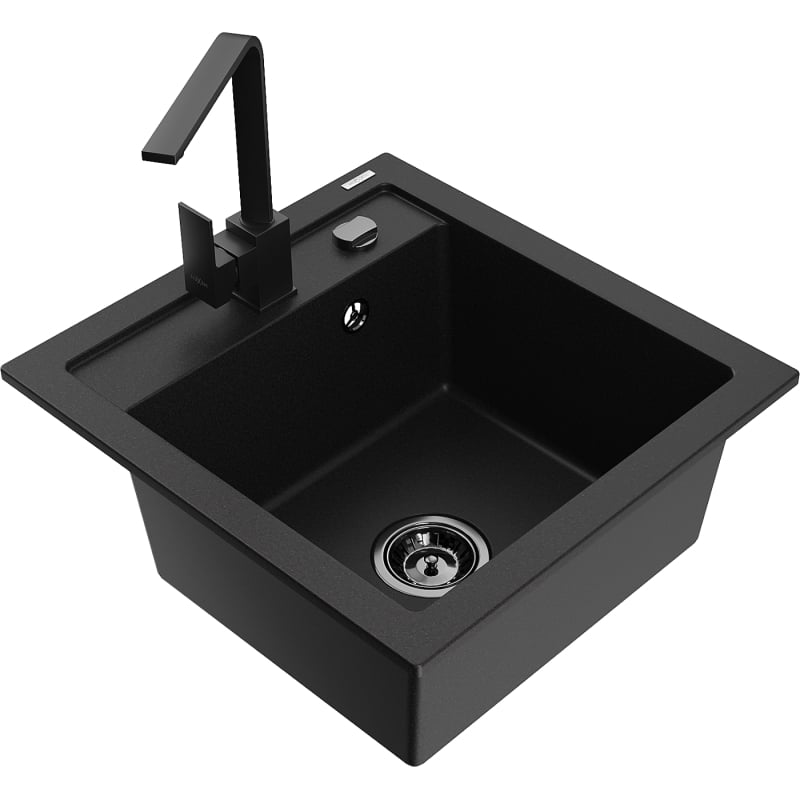Mexen Vito 1-bowl granite sink with Rita kitchen faucet, black - 6503-77-670300-70-B