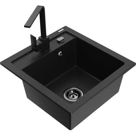 Mexen Vito 1-bowl granite kitchen sink with Rita mixer tap, black - 6503-77-670300-70-B