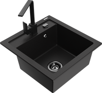 Mexen Vito 1-bowl granite kitchen sink with Rita mixer tap, black - 6503-77-670300-70-B