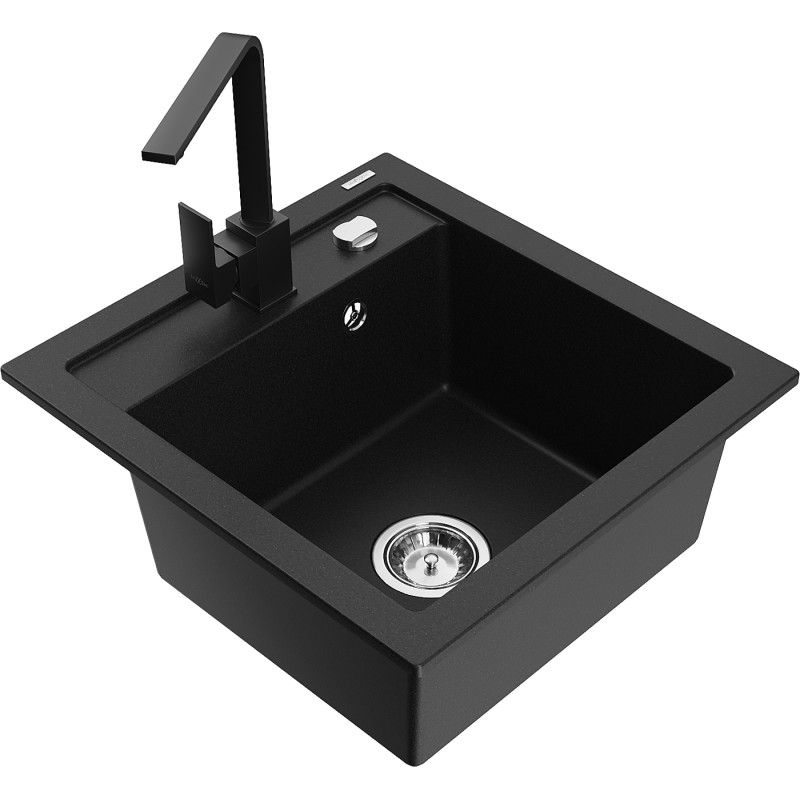 Mexen Vito granite kitchen sink 1-bowl with Rita kitchen faucet, black - 6503-77-670300-70
