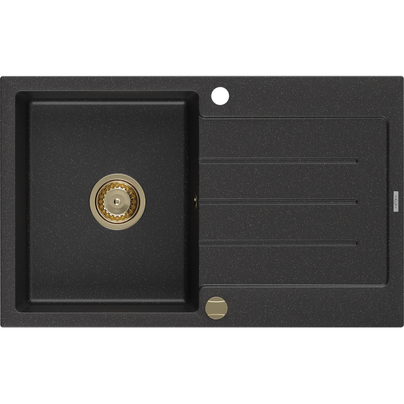 Mexen Bruno 1-compartment granite sink with a drip tray 795 x 495 mm, Black/Silver metallic, siphon Gold - 6513791010-73-G