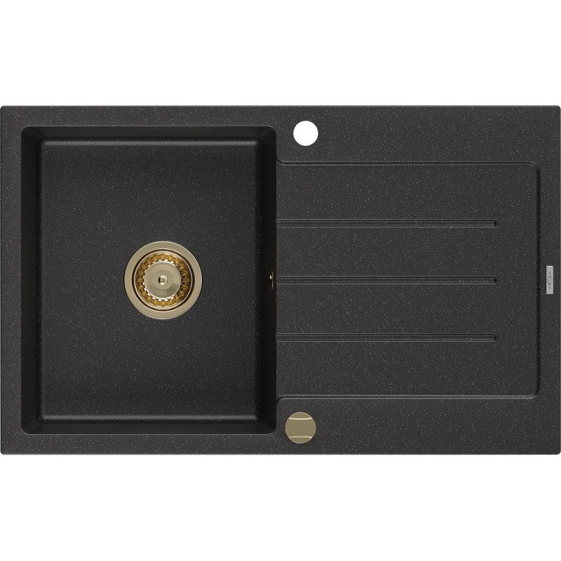 Mexen Bruno granite sink with one bowl and drainer, 795 x 495 mm, black/silver metallic, gold siphon - 6513791010-73-G