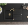 Mexen Bruno granite kitchen sink 1-bowl with drainer 795 x 495 mm, black/silver metallic, gold siphon - 6513791010-73-G