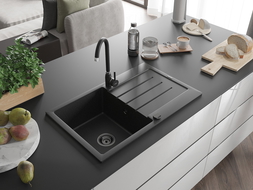 Mexen Bruno 1-bowl granite sink with drainer 795 x 495 mm, black/silver metallic, black siphon - 6513791010-73-B