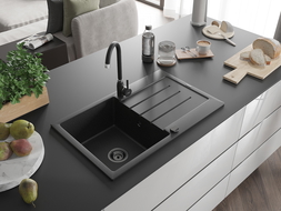 Mexen Bruno 1-compartment granite sink with a drip tray 795 x 495 mm, Black/Silver metallic, siphon Black - 6513791010-73-B