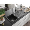 Mexen Bruno Granite kitchen sink 1-bowl with drainer 795 x 495 mm, black/silver metallic, chrome siphon - 6513791010-73