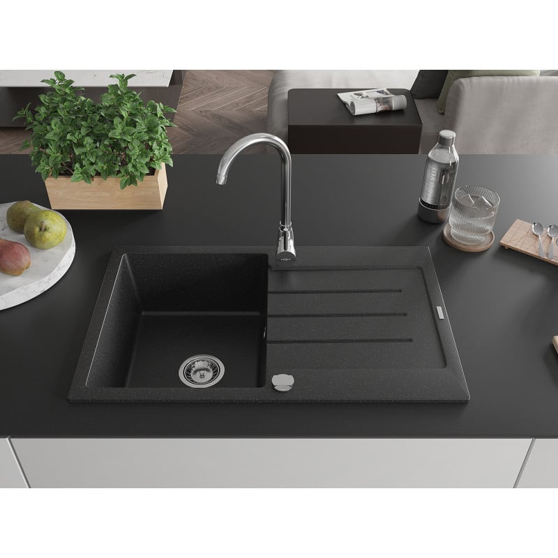 Mexen Bruno Granite kitchen sink 1-bowl with drainer 795 x 495 mm, black/silver metallic, chrome siphon - 6513791010-73