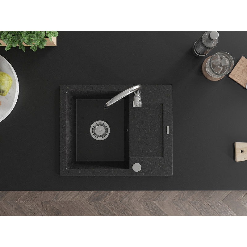 Mexen Enzo granite sink single-bowl with drainer 576 x 465 mm, black/silver metallic, chrome siphon - 6506571005-73