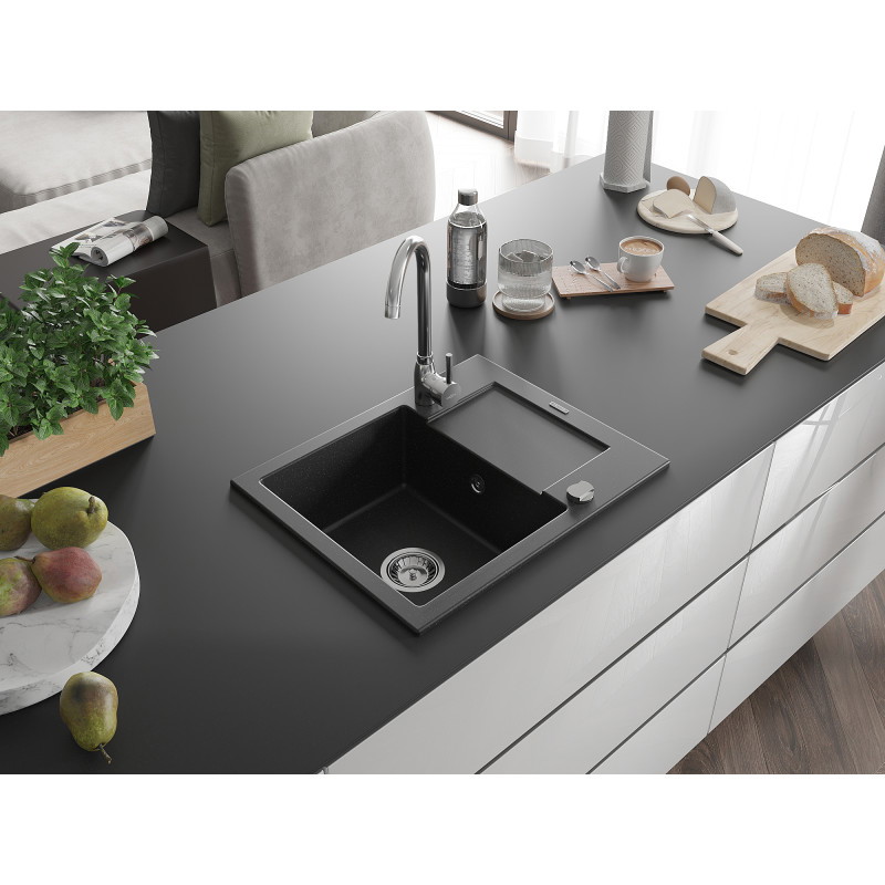 Mexen Enzo granite sink 1-bowl with drainer 576 x 465 mm, black/silver metallic, chrome siphon - 6506571005-73