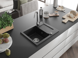 Mexen Enzo granite sink 1-bowl with drainer 576 x 465 mm, black/silver metallic, chrome siphon - 6506571005-73