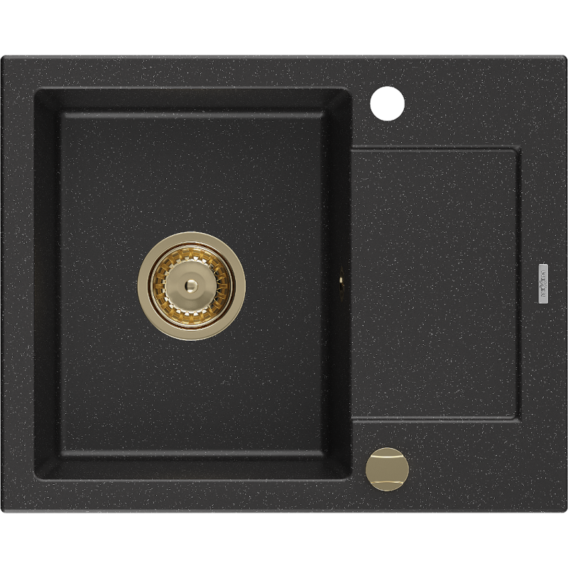 Mexen Enzo 1-bowl granite sink with drainer 576 x 465 mm, black/silver metallic, gold siphon - 6506571005-73-G