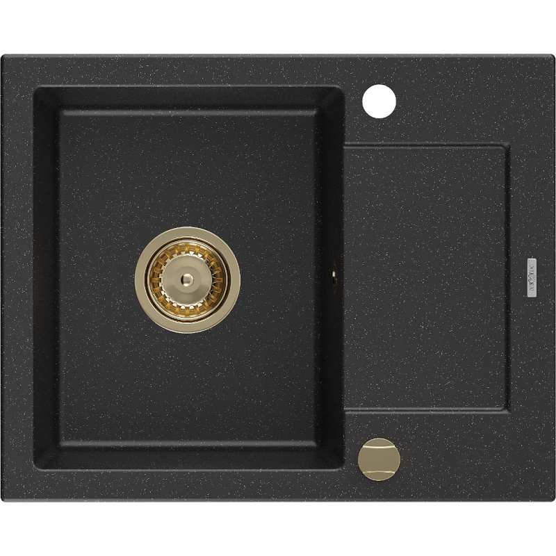 Mexen Enzo 1-bowl granite sink with drainer 576 x 465 mm, black/silver metallic, golden siphon - 6506571005-73-G