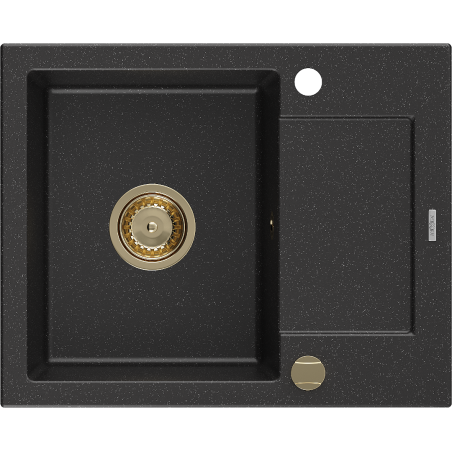 Mexen Enzo 1-bowl granite sink with drainer 576 x 465 mm, black/silver metallic, gold siphon - 6506571005-73-G