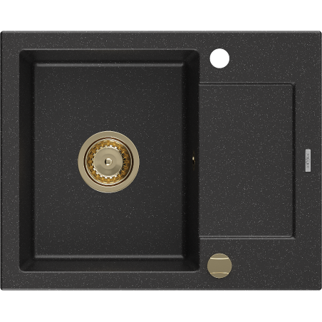 Mexen Enzo 1-compartment granite sink with a drip tray 576 x 465 mm, Black/Silver metallic, siphon Gold - 6506571005-73-G