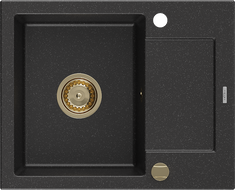 Mexen Enzo 1-compartment granite sink with a drip tray 576 x 465 mm, Black/Silver metallic, siphon Gold - 6506571005-73-G