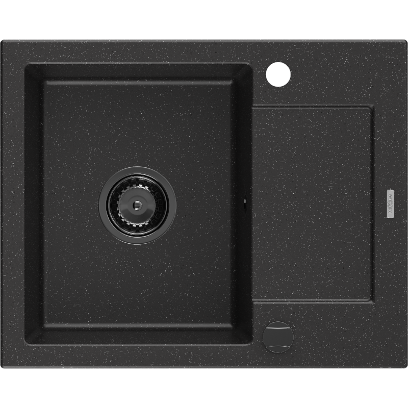 Mexen Enzo 1-bowl granite sink with drainer 576 x 465 mm, black/silver metallic, black siphon - 6506571005-73-B