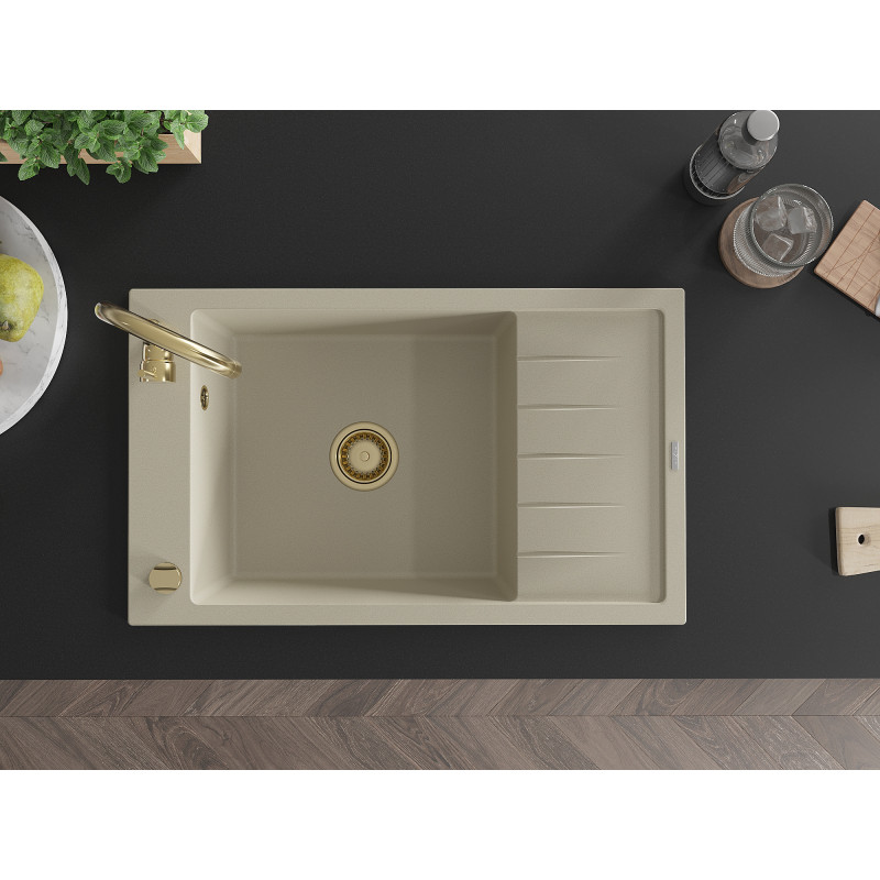 Mexen Elias granite sink 1-bowl with drainer 795 x 480 mm, beige, golden siphon - 6511791005-69-G