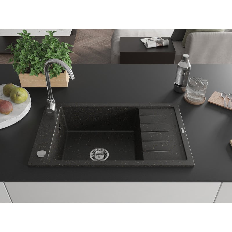 Mexen Elias granite sink 1-bowl with drainer 795 x 480 mm, black/gold metallic, chrome siphon - 6511791005-75