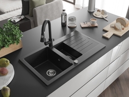 Mexen Matias granite kitchen sink 1.5-bowl with drainer 900 x 505 mm, black/silver metallic, chrome siphon - 6502901505-73