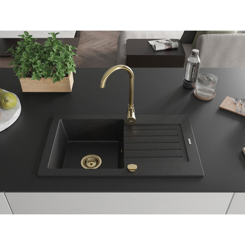 Mexen Pablo 1-bowl granite sink with drainer 752 x 436 mm, black/silver metallic, gold siphon - 6510751010-73-G