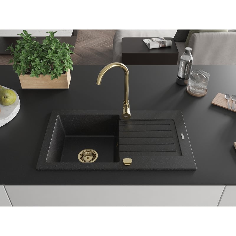 Mexen Pablo granite sink 1-bowl with drainer 752 x 436 mm, black/silver metallic, golden siphon - 6510751010-73-G