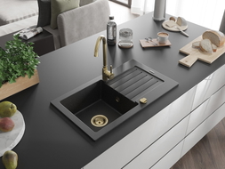 Mexen Pablo granite kitchen sink 1-bowl with drainer 752 x 436 mm, black/silver metallic, golden siphon - 6510751010-73-G