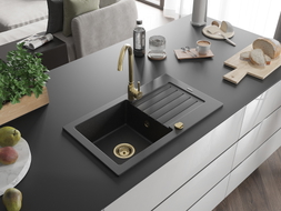 Mexen Pablo granite sink 1-bowl with drainer 752 x 436 mm, black/silver metallic, golden siphon - 6510751010-73-G