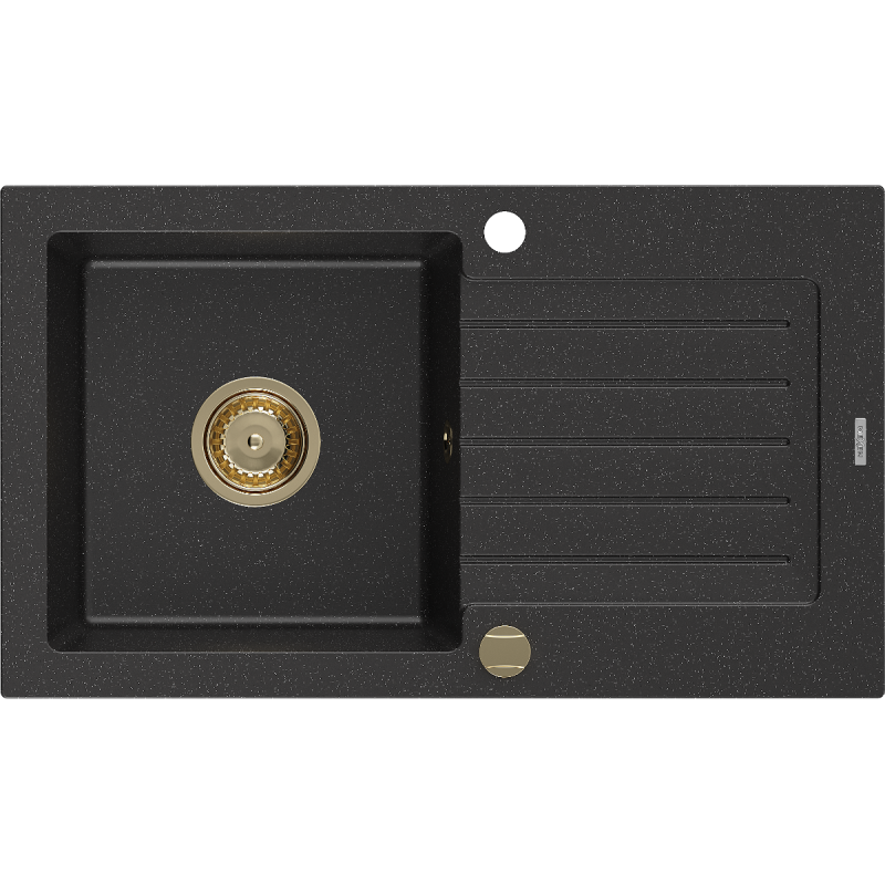Mexen Pablo 1-compartment granite sink with a drip tray 752 x 436 mm, Black/Silver metallic, siphon Gold - 6510751010-73-G