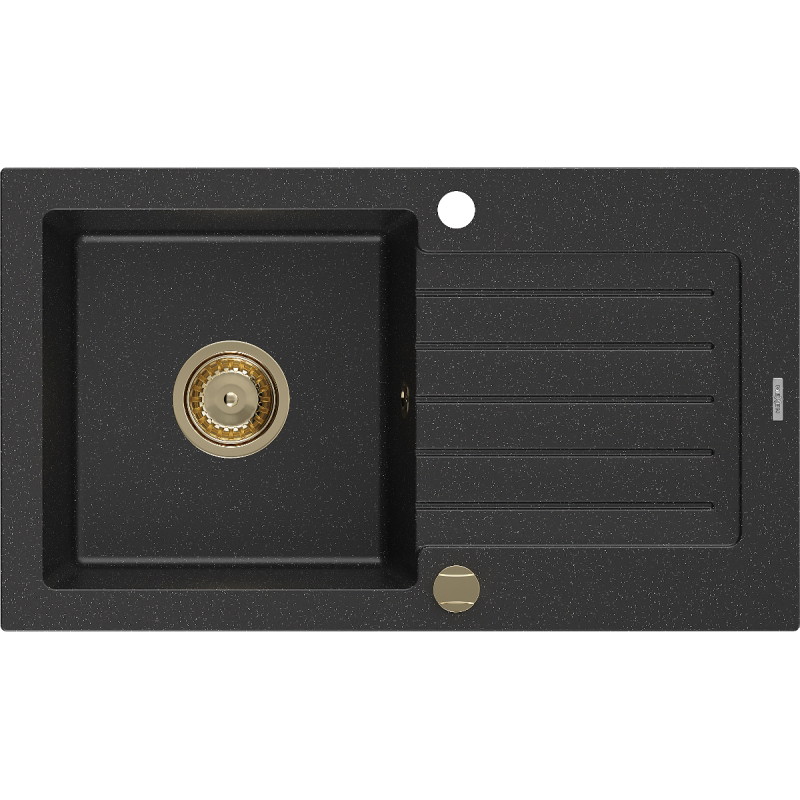 Mexen Pablo granite sink 1-bowl with drainer 752 x 436 mm, black/silver metallic, golden siphon - 6510751010-73-G