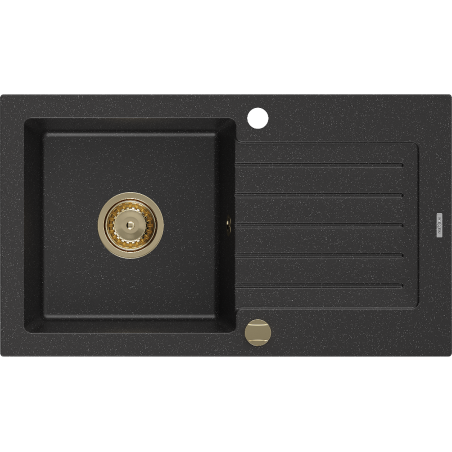 Mexen Pablo granite kitchen sink 1-bowl with drainer 752 x 436 mm, black/silver metallic, golden siphon - 6510751010-73-G