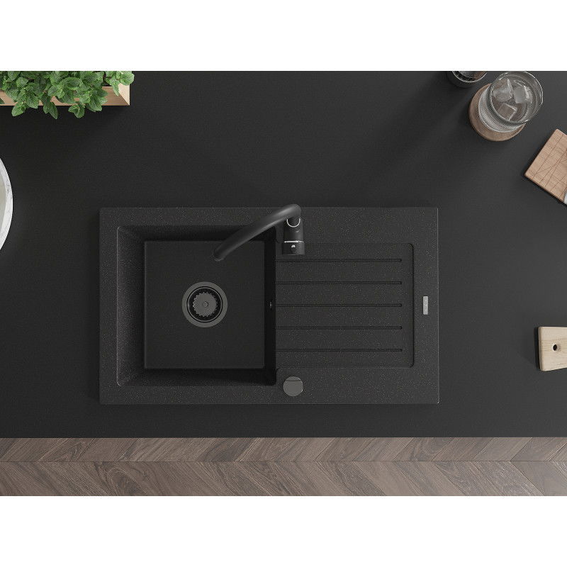 Mexen Pablo granite sink 1-bowl with drainer 752 x 436 mm, black/silver metallic, black siphon - 6510751010-73-B