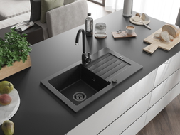 Mexen Pablo 1-bowl granite sink with drainer 752 x 436 mm, black/silver metallic, black siphon - 6510751010-73-B