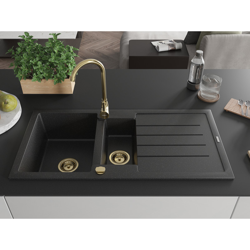 Mexen Andres granite sink 1.5-bowl with drainer 1000 x 500 mm black/silver metallic, gold siphon - 6515101510-73-G