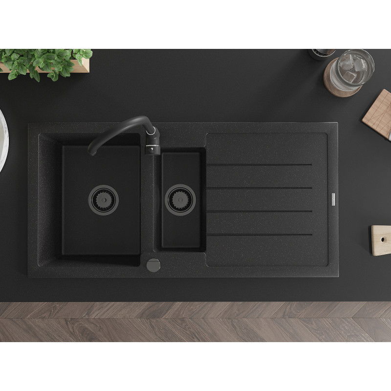 Mexen Andres granite sink 1.5-bowl with drainer 1000 x 500 mm black/silver metallic black siphon - 6515101510-73-B